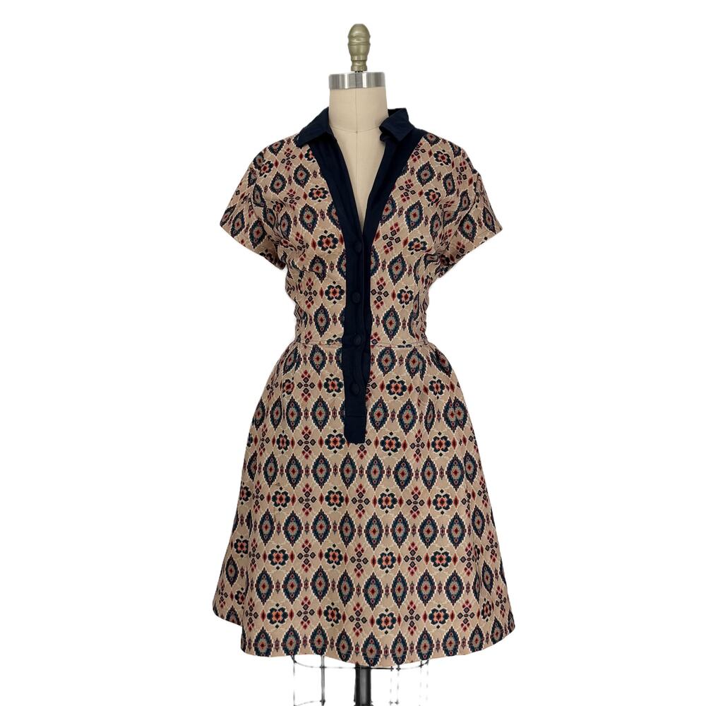 eShakti Collared Fit + Flare Dress 1X/2X Tan Neoprene Southwestern Aztec Print